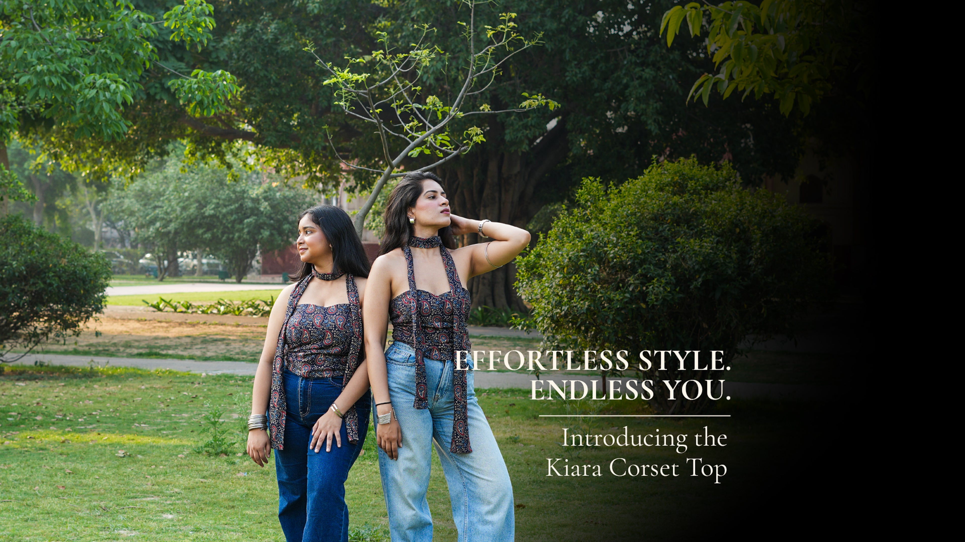 Two women standing in a park with text about the Kiara Corset Top.